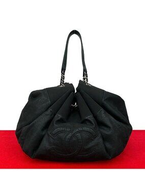 Chanel Coco Cabas Canvas Leather Drawstring Shoulder Bag Tote Black